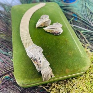 Vintage Whiting & Davis Gold Mesh Fringe Bracelet with Matching earrings.